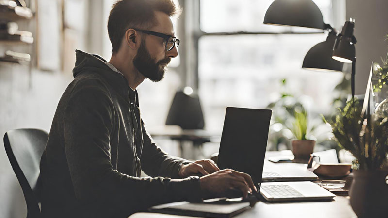 a male content creator  sharing and promoting his content on different content distribution platforms via his laptop computer.