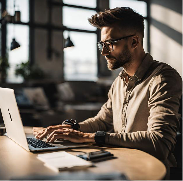 a web designer working on his laptop  computer in his well-lit office